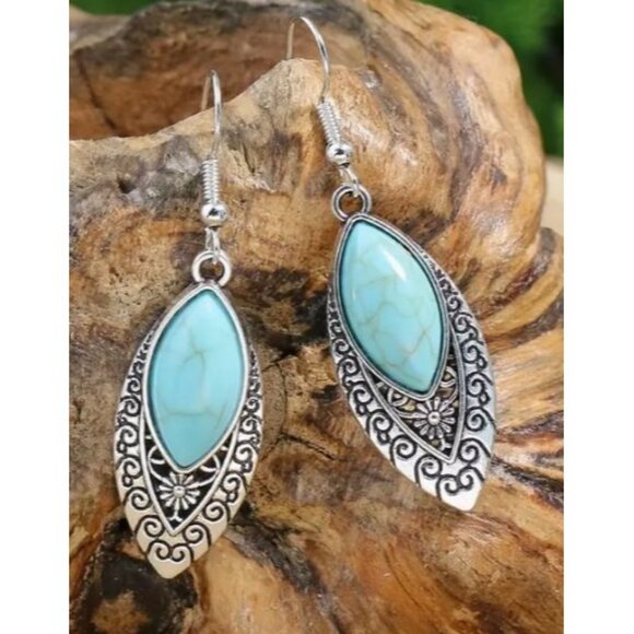 Retro Silver & Turquoise Toned Pendant Necklace & Earrings‎ Set NEW - Picture 3 of 4